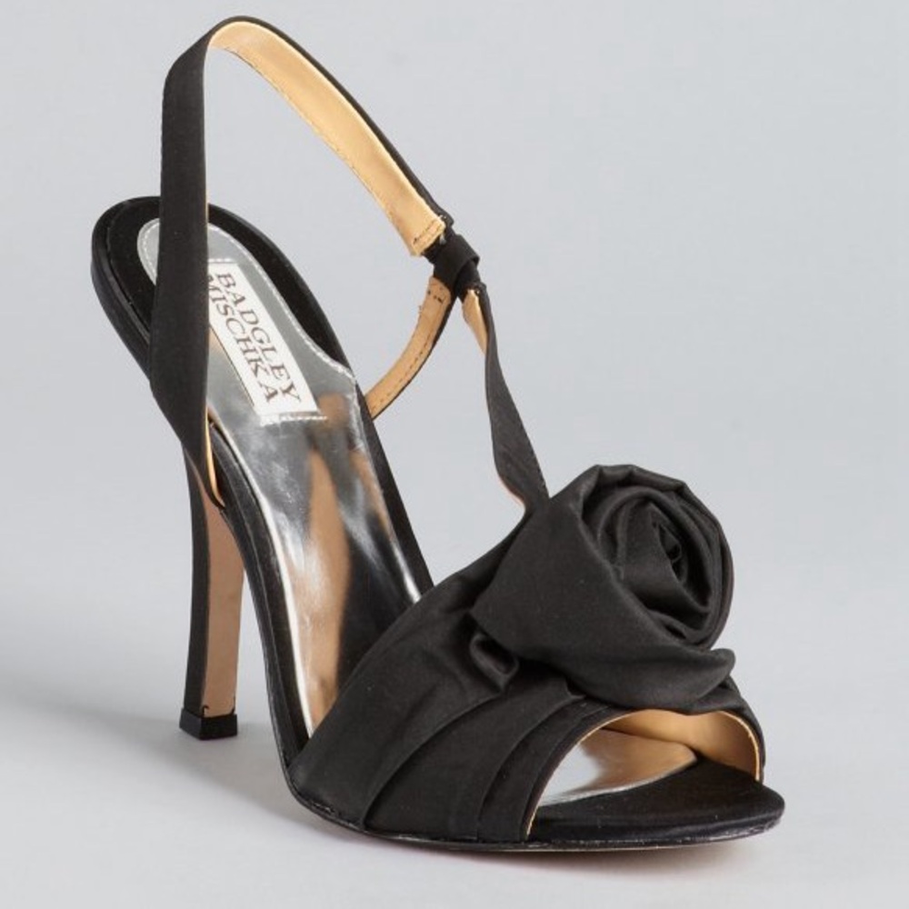 NEW Badgley Mischka Black Satin Rosette Open Toe Heel Formal Gala Party Wedding